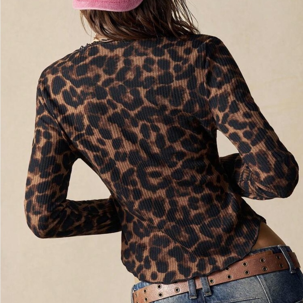 New Leopard Print Button-Up Ribbed long sleeve top~ - Picture 2 of 10